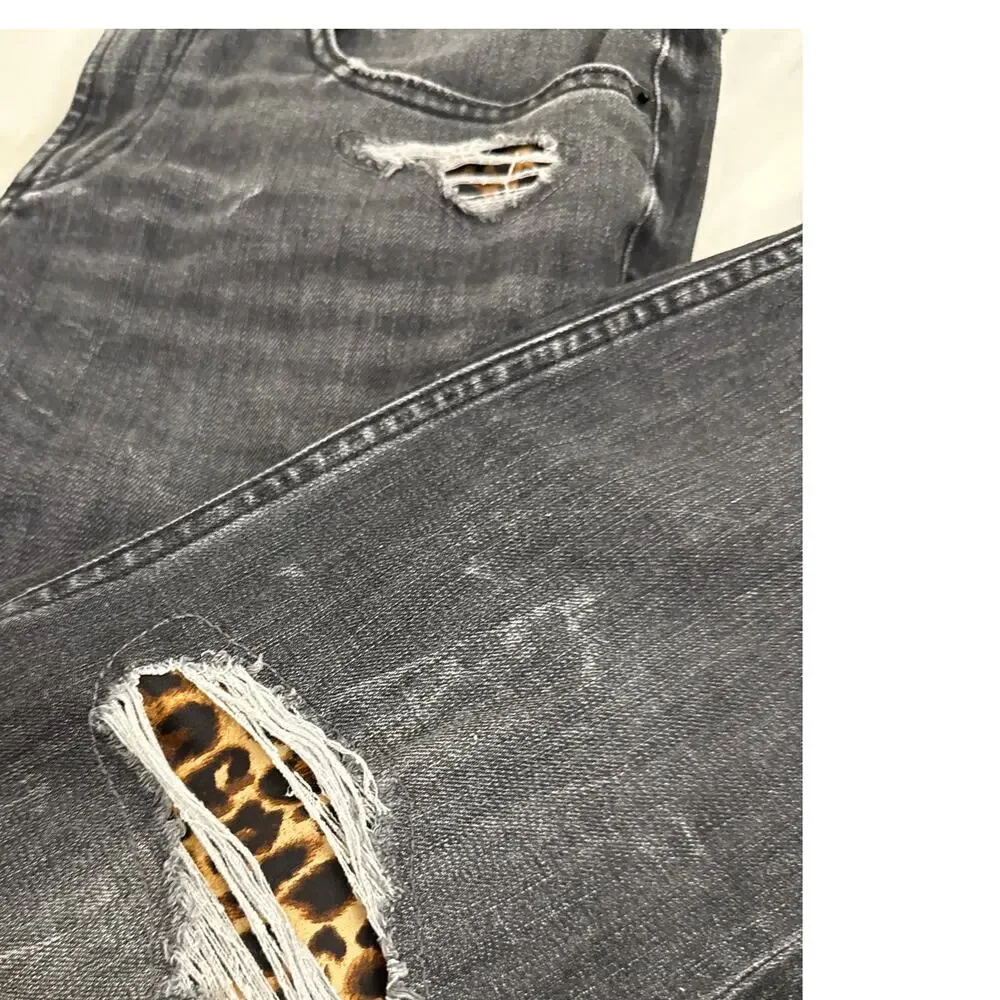 Chico's Jeans Boyfriend Ankle Black Denim Distressed Leopard Detail Size 2